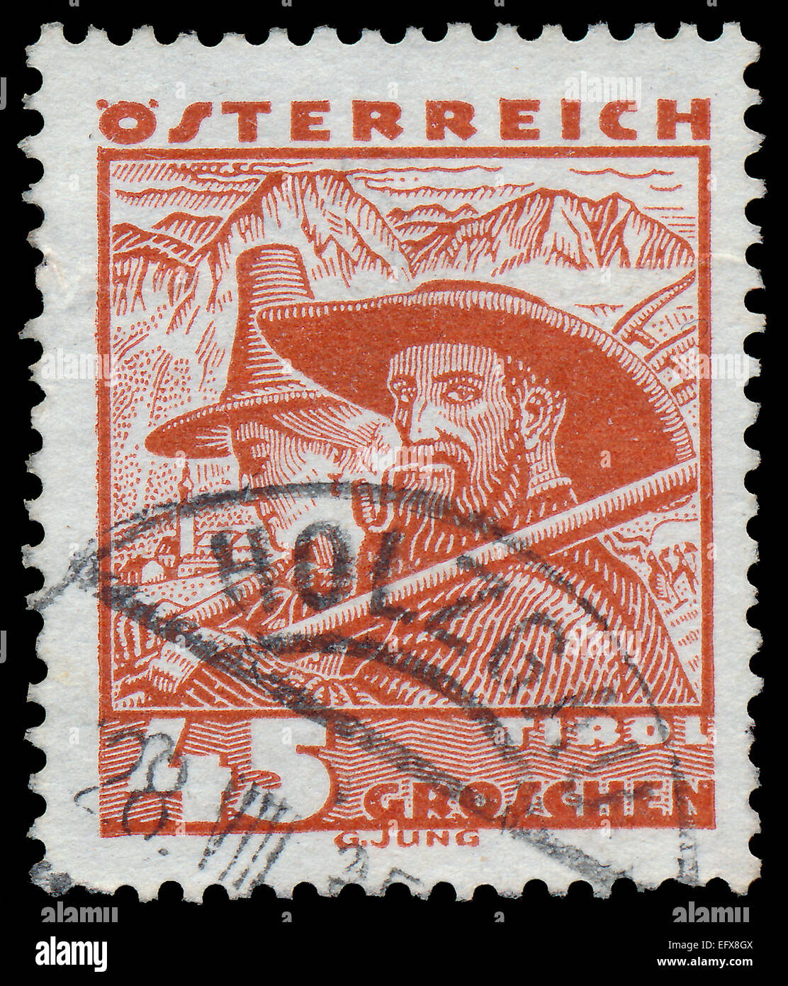 Österreich - ca. 1934: Eine Briefmarke gedruckt in Österreich zeigt Tirol - Mann und Frau in Tracht, ca. 1934 Stockfoto