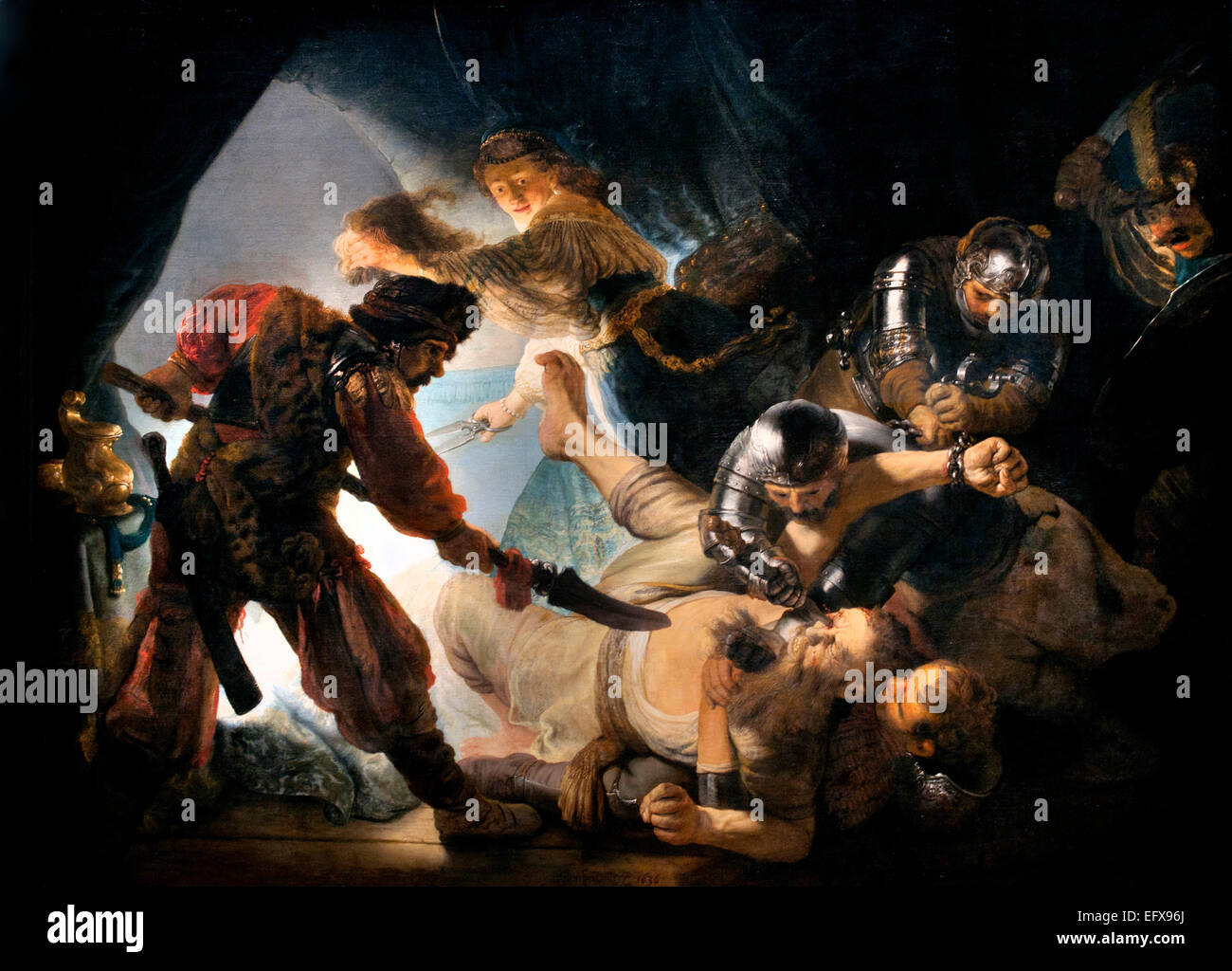 DIE BLENDUNG VON SAMSON, 1636 Rembrandt Harmenszoon van Rijn 1606-1669 Niederländische Niederlande ( Samson, hebräischer Shimshon, legendärer israelitischer Krieger und Richter oder göttlich inspirierter Anführer, bekannt für seine ungeheuere Stärke) Stockfoto