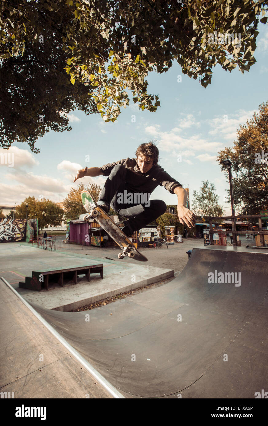 Skateboarden auf Miniramp, Ollie, Fakie, Berlin, Deutschland Stockfoto