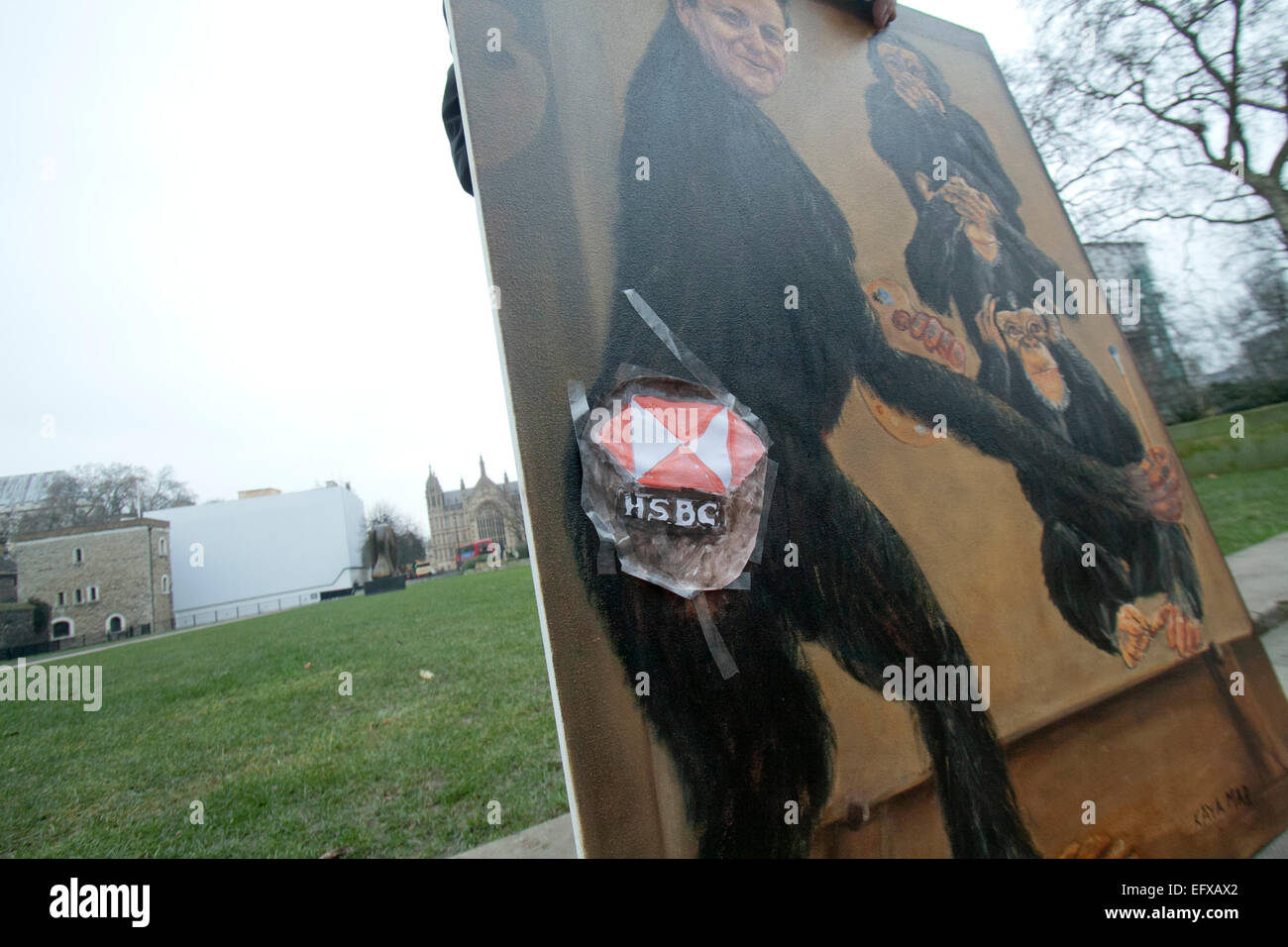 Westminster, London, UK. 11. Februar 2015. Kaya Mar Künstler zeigt seine jüngsten politischen Bilder von Premierminister David Cameron vor dem Hintergrund der jüngsten HSBC Steuer Vermeidung Skandal. Bildnachweis: Amer Ghazzal/Alamy Live-Nachrichten Stockfoto