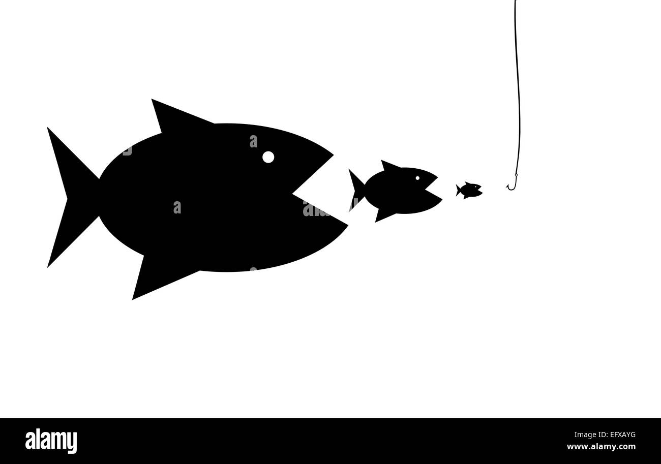 Bild von Silhouetten der Fische verschlingen einander Stockfoto