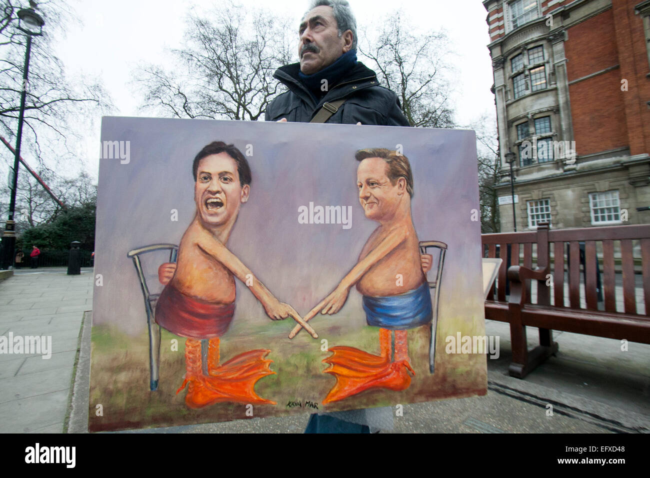 Westminster, London, UK. 11. Februar 2015. Kaya Mar Künstler zeigt seine jüngsten politischen Bilder von Premierminister David Cameron vor dem Hintergrund der jüngsten HSBC Steuer Vermeidung Skandal. Bildnachweis: Amer Ghazzal/Alamy Live-Nachrichten Stockfoto