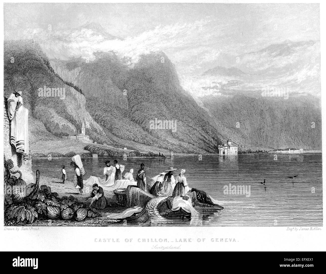 Eine Gravur der das Schloss Chillon, Genfer See, Schweiz mit hoher Auflösung aus einem Buch gescannt gedruckt im Jahre 1845. Stockfoto