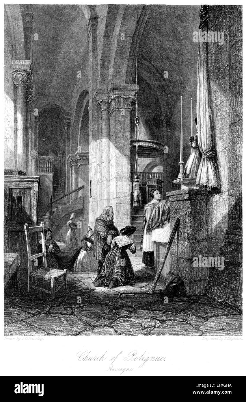 Eine Gravur der Kirche von Polignac, Auvergne mit hoher Auflösung aus einem Buch gescannt gedruckt im Jahre 1845. Stockfoto