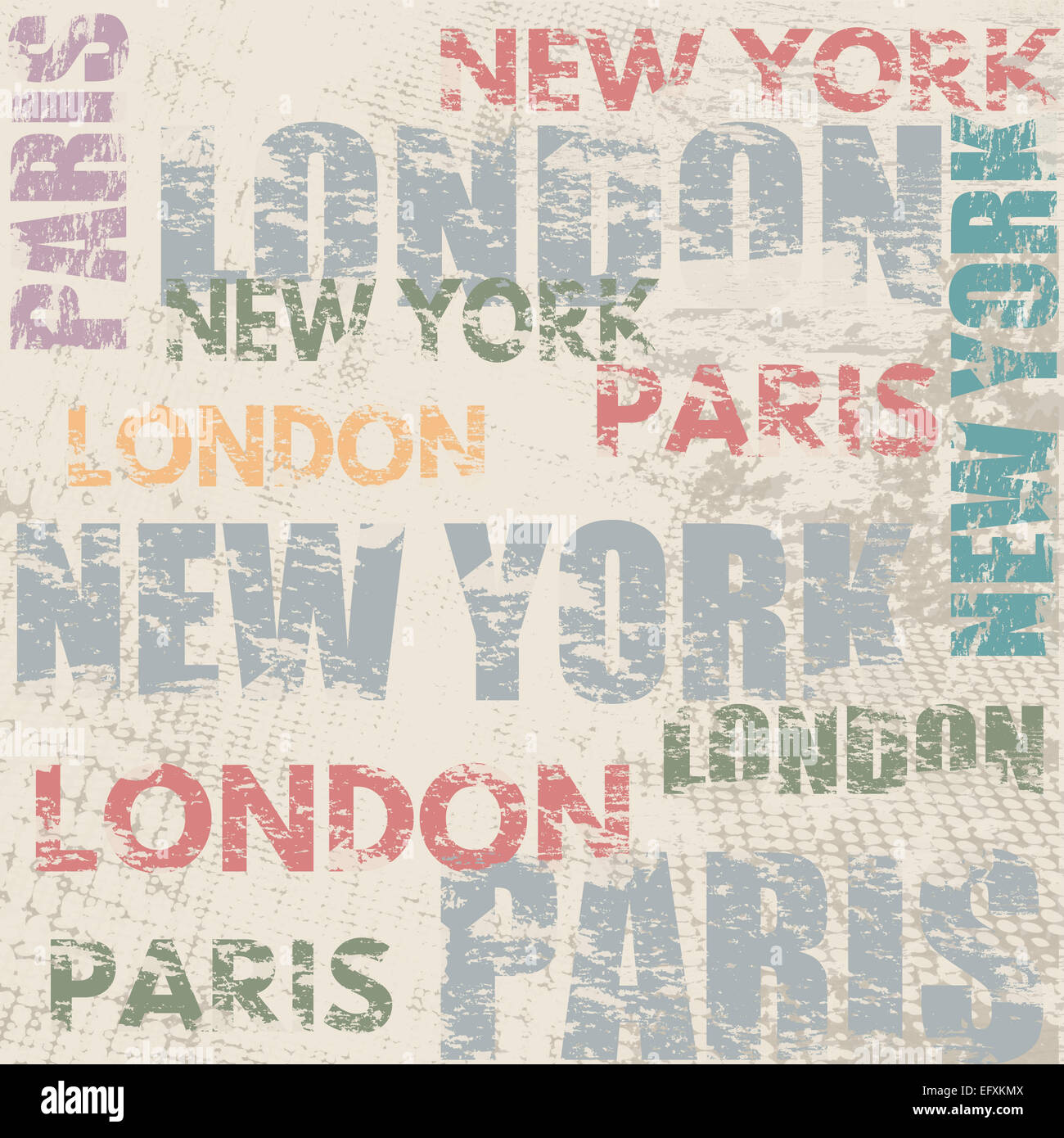 Typografische Poster-Design mit Stadt Namen London, Paris und New York auf Grunge zerkratzt Hintergrund Stockfoto