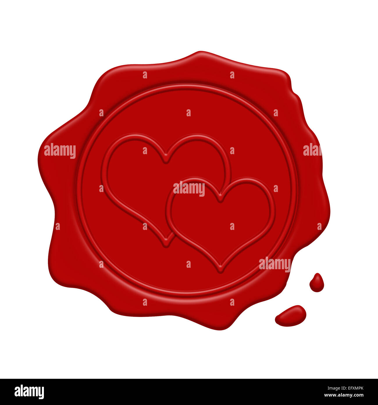 Rotes Wachs Stempel mit zwei Herzen im Inneren auf weißem Hintergrund Stockfoto