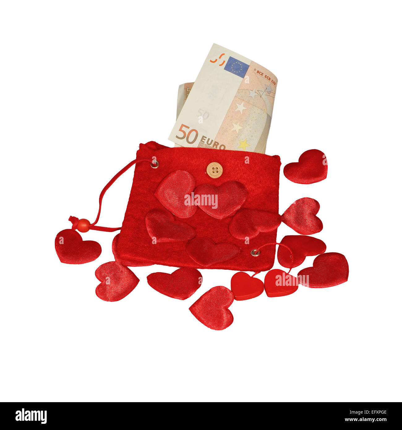 Rote Handtasche mit 50 Euro-Banknote und roten Herzen Stockfoto