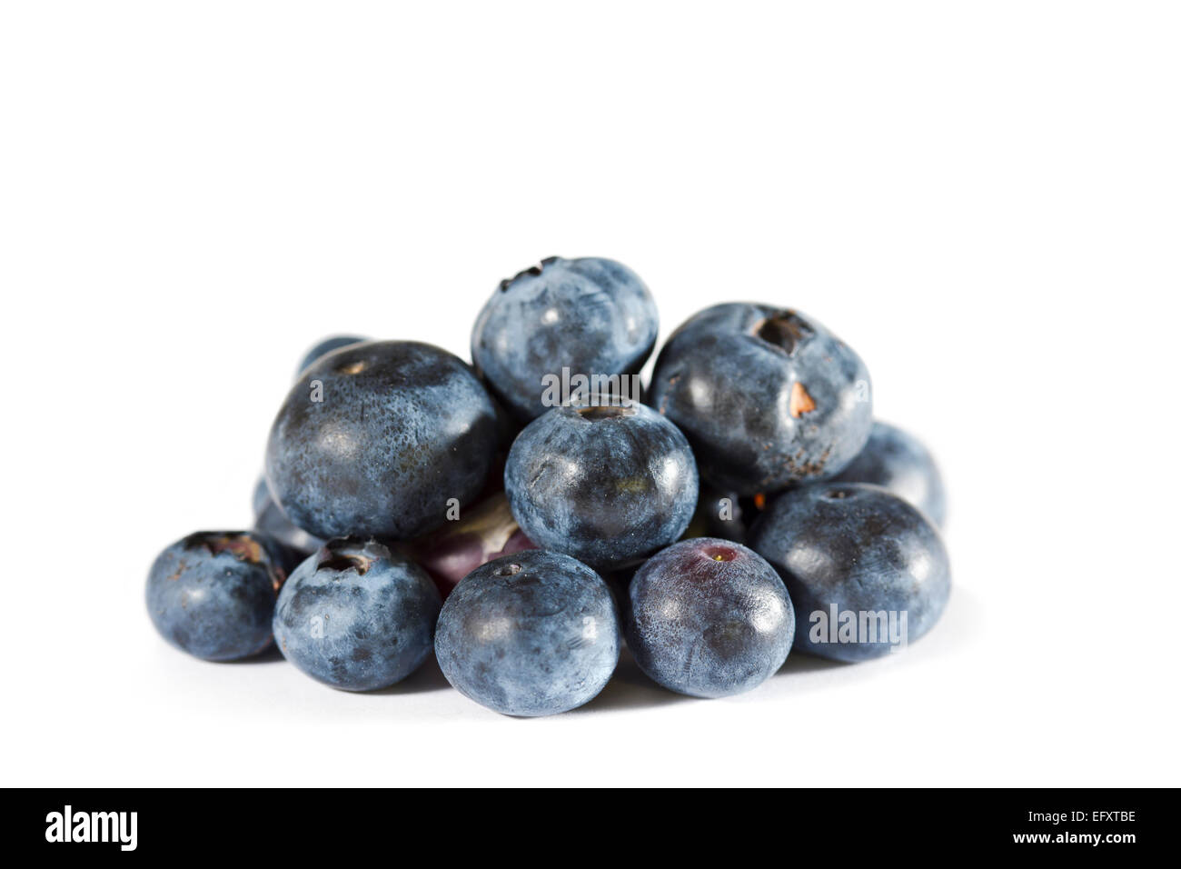 Ein Haufen frischer Bio Blaue Beeren. Seitliche Sicht auf weißem Hintergrund. Stockfoto