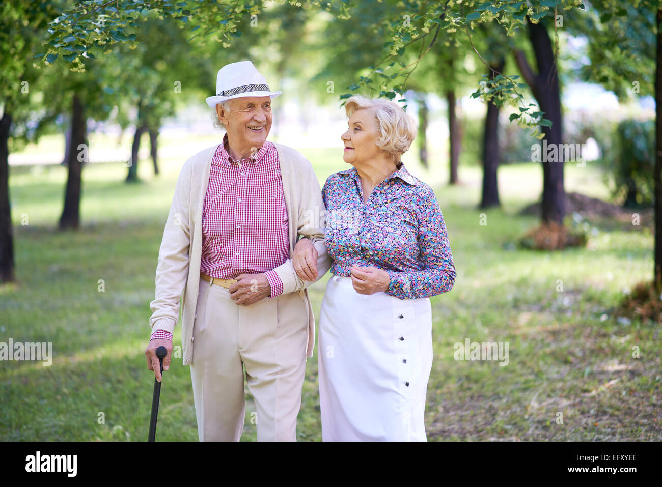 Elegante Senioren bei einem Spaziergang im Park im Sommer Stockfoto