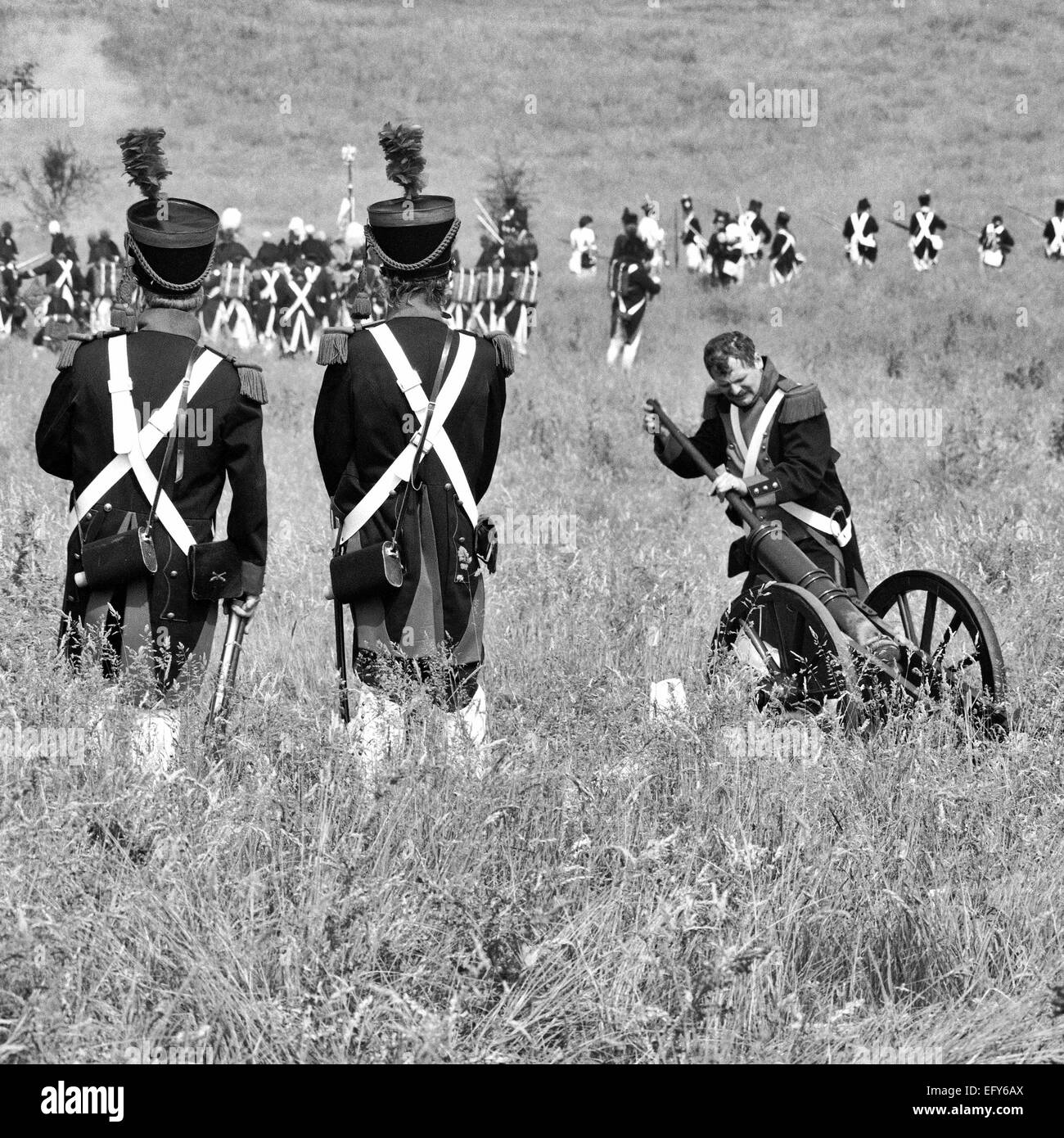 WATERLOO, Belgien-CIRCA 1990: Schauspieler in Kostümen während die Nachstellung der Schlacht von Waterloo, die 1815 Napoleons endete Stockfoto