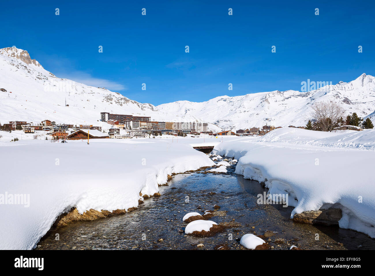 Ansicht von Tignes Dorf im Winter, Frankreich. Stockfoto