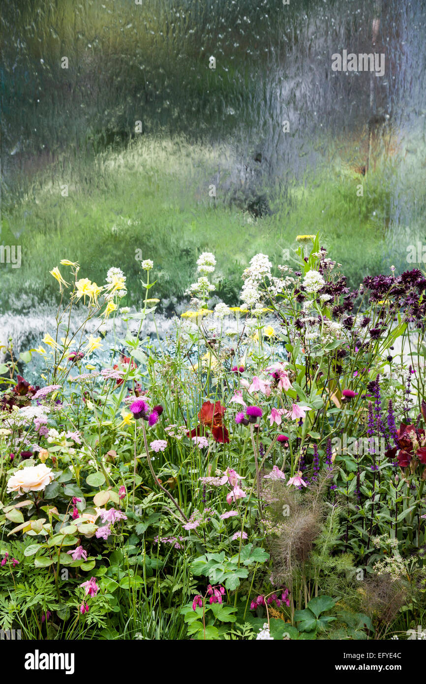 Transparente Wand Wasserspiel mit naturalistischen Bepflanzung Stockfoto