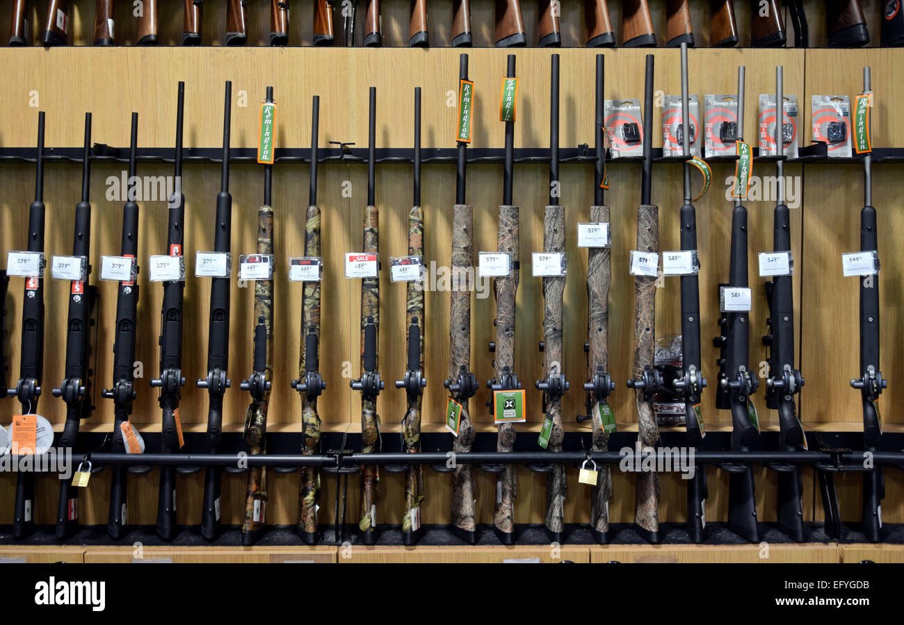 Verschiedene Gewehre zum Verkauf an Dick's Sporting Goods in Roosevelt Field Mall in Garden City, Long Island, New York Stockfoto