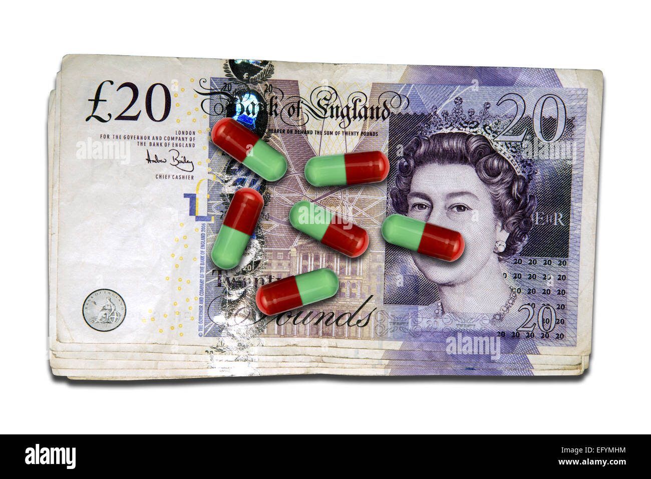 Pillen auf Banknoten, großes Geschäft in der Pharmazie vertreten. Stockfoto