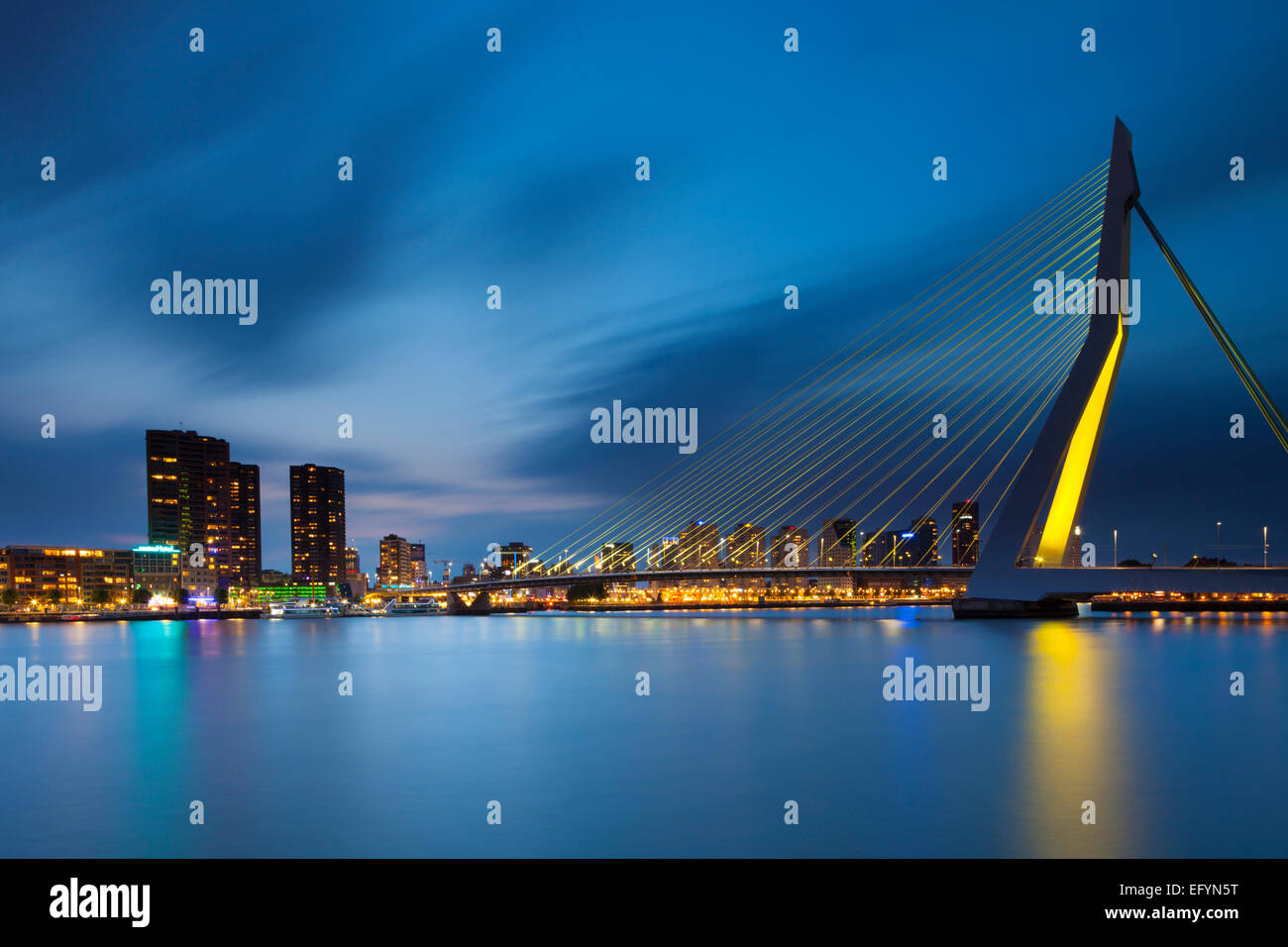 Die Erasmusbrücke in Rotterdam in den Niederlanden in der Nacht mit einem blauen Himmel im Hintergrund Stockfoto