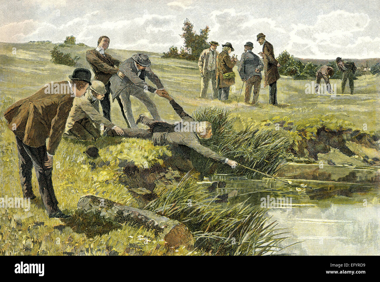 ein Mann versucht, eine seltene Pflanze aus einem Teich, c. 1895 von Hey, Ein Mann Versucht Eine doin Pflanze aus Einem Teich Zu Holen, Stockfoto