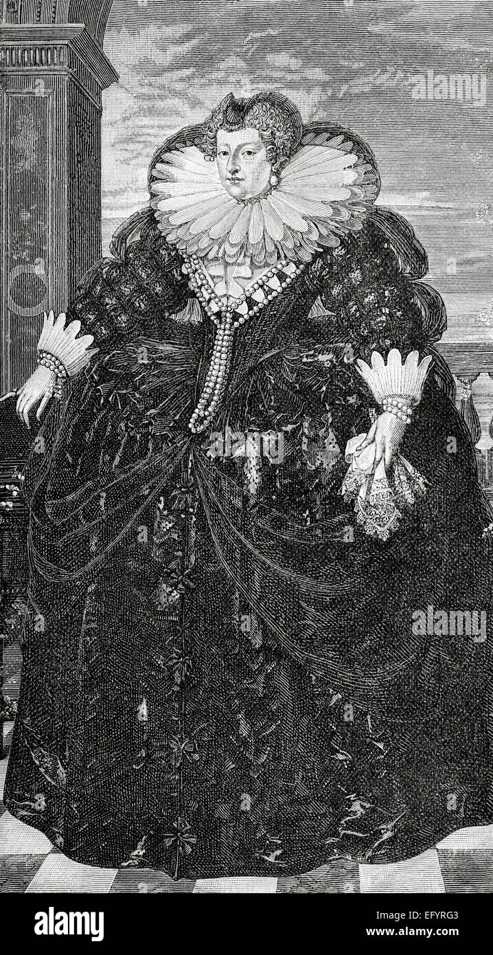 Marie de' Medici (1575-1642). Königin von Frankreich als die zweite Frau von König Henry IV von Frankreich, der das Haus Bourbon. Porträt. Engaving aus einem Gemälde von F. Porbus "Historia Universal", 1885. Stockfoto