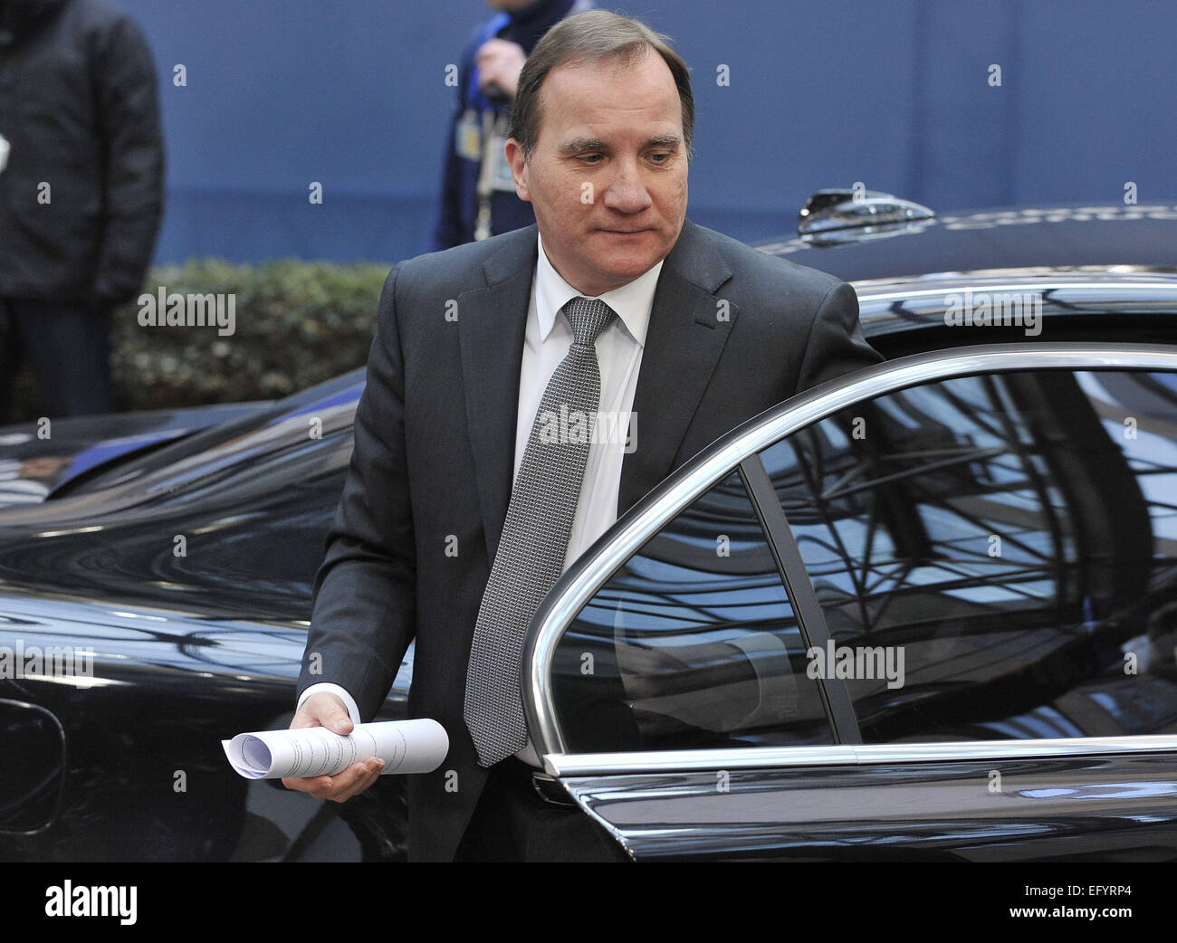 Brüssel, Belgien. 12. Februar 2015. Der schwedische Ministerpräsident Stefan Lofven kommt in Hauptquartier der EU zu einem EU-Gipfel in Brussles, Belgien, 12. Februar 2015. © Ihr Pingfan/Xinhua/Alamy Live-Nachrichten Stockfoto