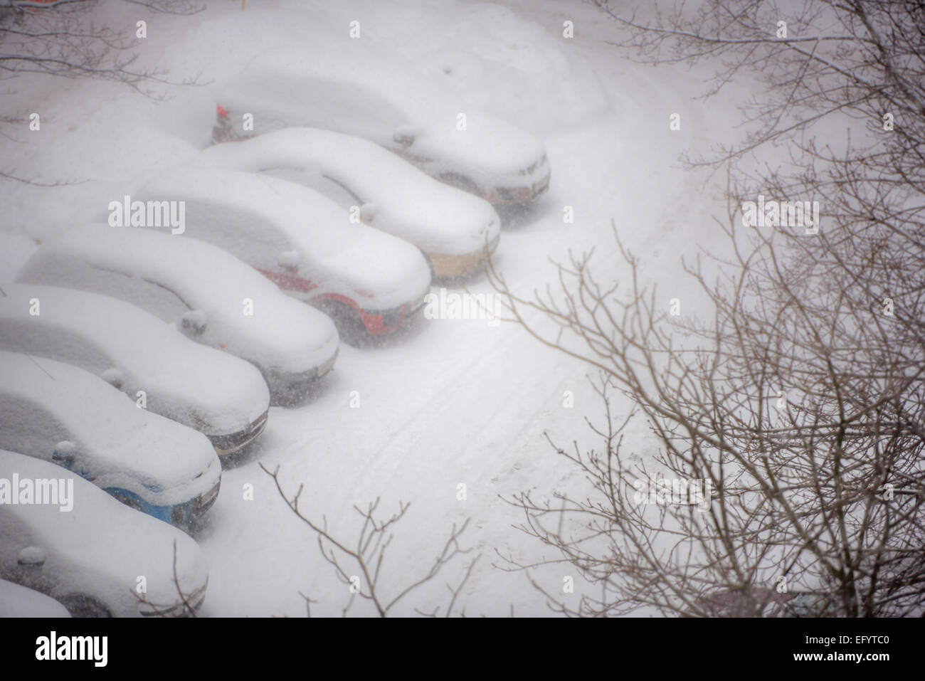 Autos im Schnee auf einem Parkplatz im Wohngebiet bei Schneefall bedeckt. Horizontalen Schuss Stockfoto