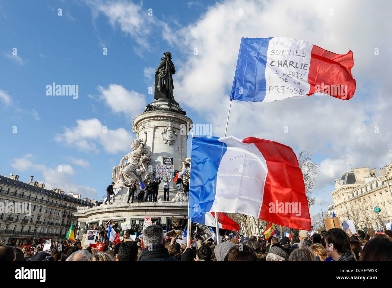 Paris (Frankreich). 2015/01/11: Demonstration zur Unterstützung der Opfer von Terror-Anschlag in den Büros von Charlie Hebdo Stockfoto