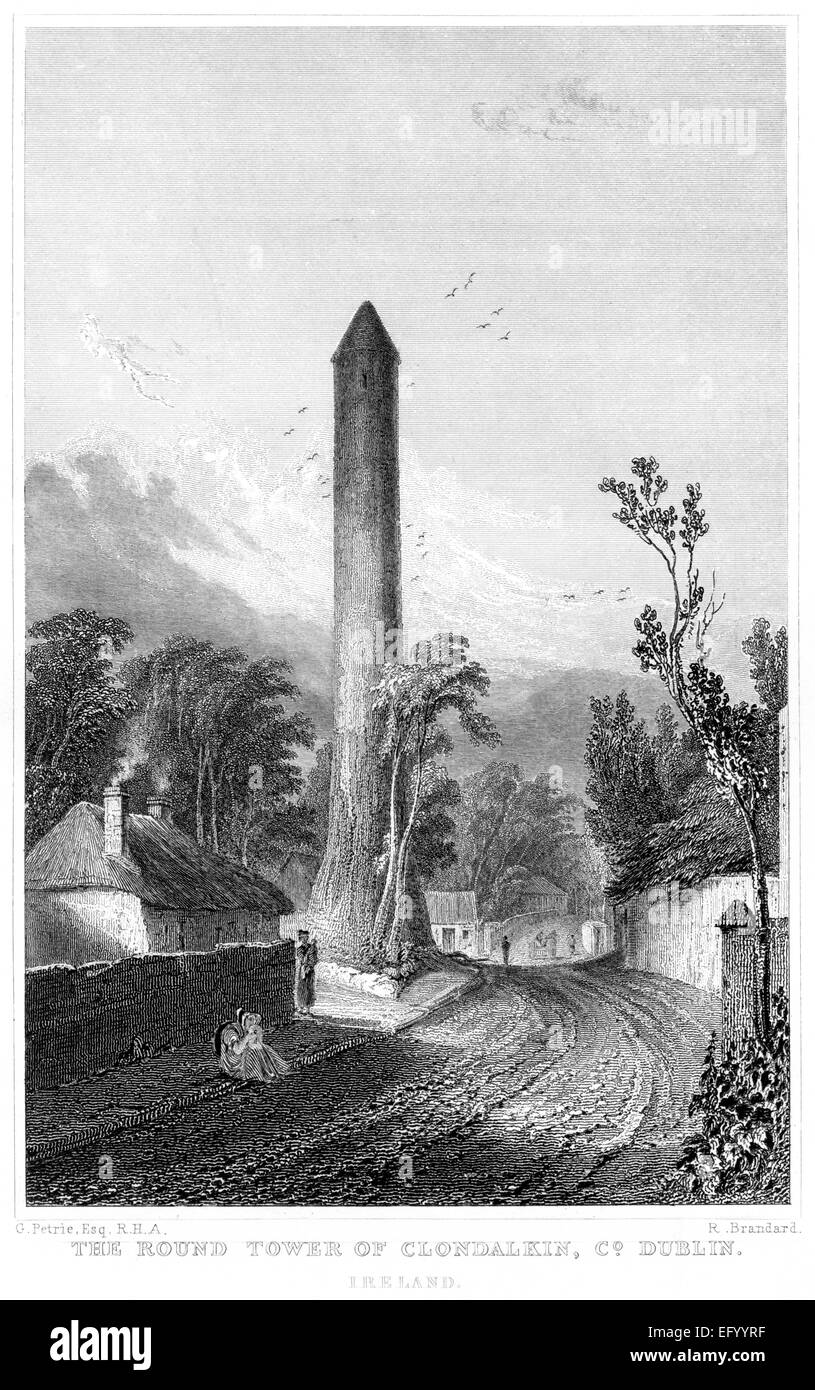 Eine Gravur der Runde Turm der Clondalkin, Co. Dublin, Irland mit hoher Auflösung aus einem Buch gescannt, gedruckt im Jahre 1845. Stockfoto