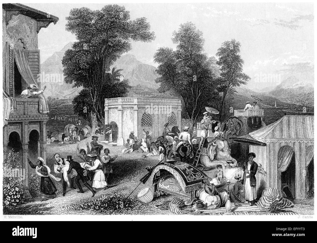 Eine Gravur des Todes von Bischof Heber wurde in hoher Auflösung aus einem Buch aus dem Jahr 1845 gescannt. Für urheberrechtlich frei gehalten. Stockfoto