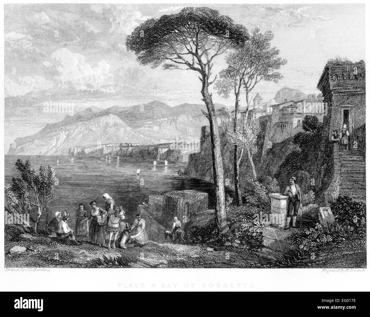 Ein Stich der Tiefebene und Bucht von Sorrento, Italien, gescannt in hoher Auflösung aus einem Buch, das 1845 gedruckt wurde. Für urheberrechtlich frei gehalten. Stockfoto