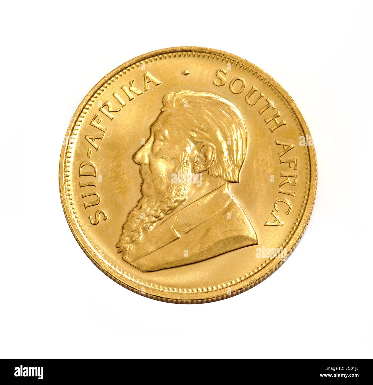 22 Caret gold Krügerrand Münze auf weißem Hintergrund Stockfoto