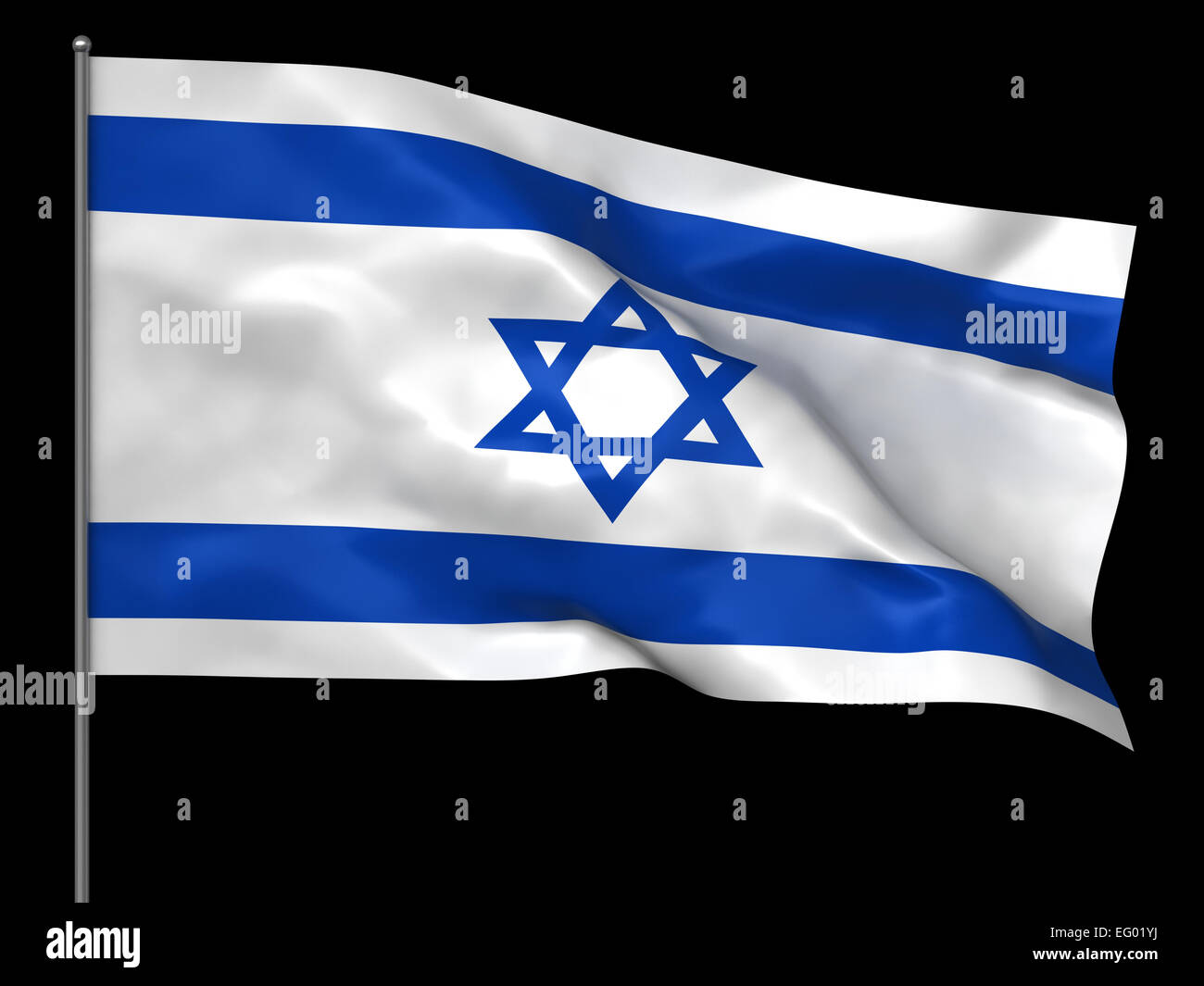 Winken israelische Flagge auf schwarzem Hintergrund isoliert Stockfoto