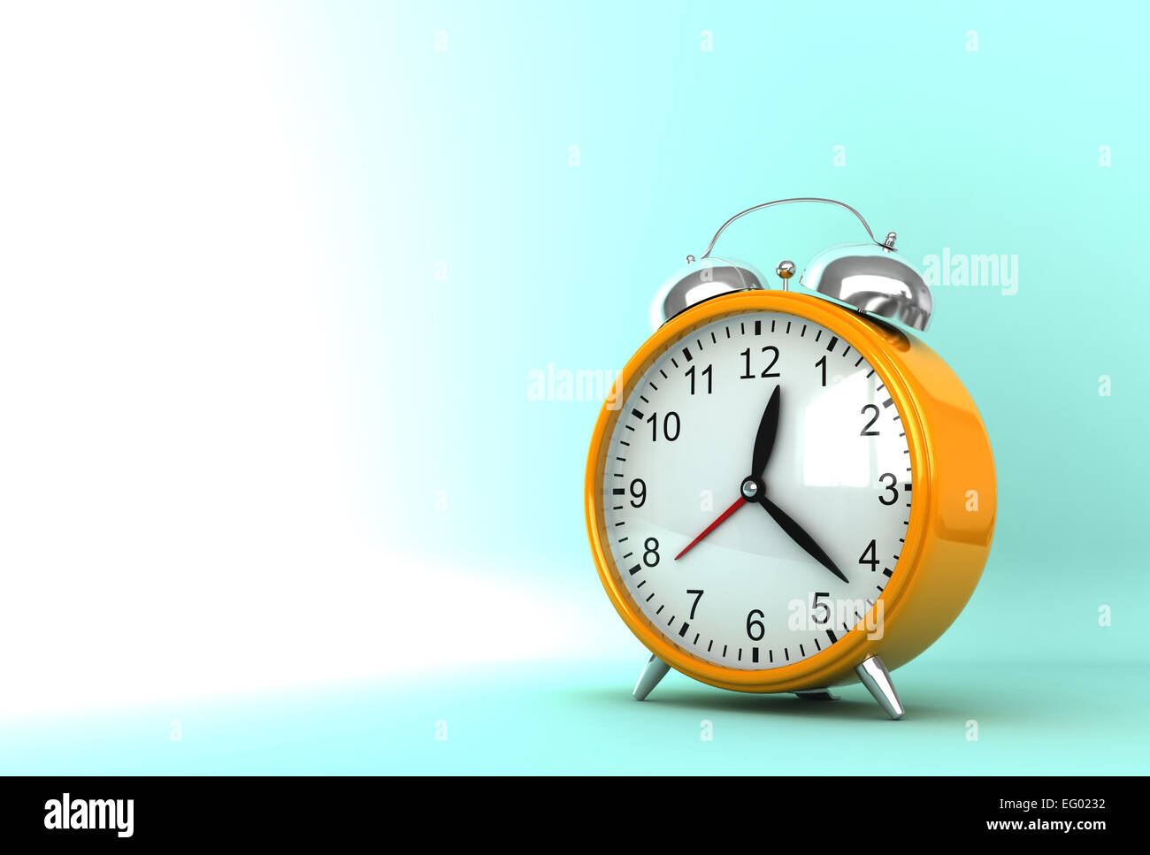 3D Render orange Uhr auf Cyan Hintergrund Stockfoto