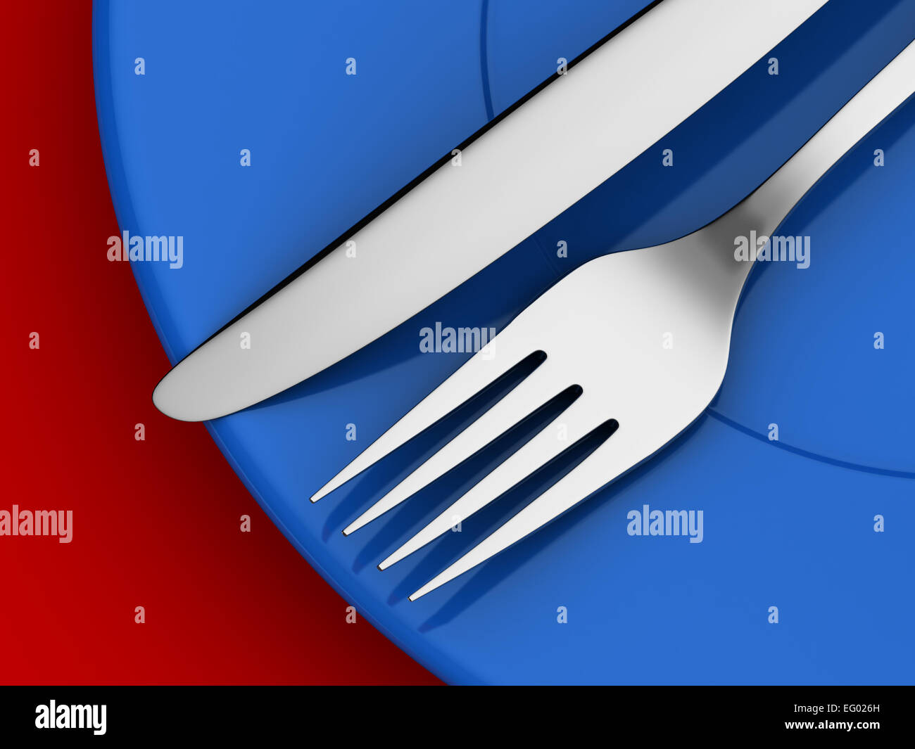 3D Render von Messer und Gabel in blaue Platte Stockfoto