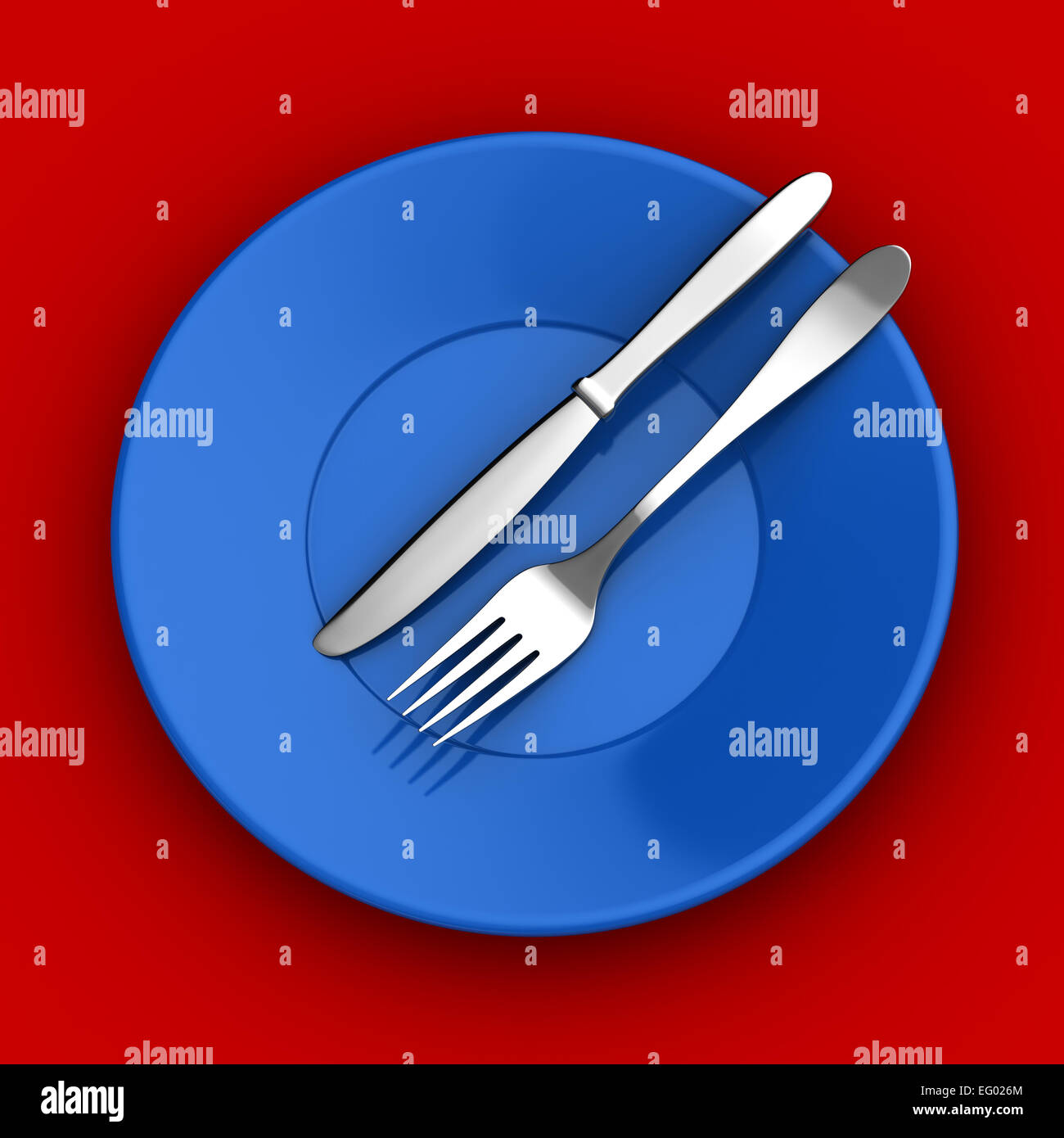 3D Render von Messer und Gabel in blaue Platte Stockfoto