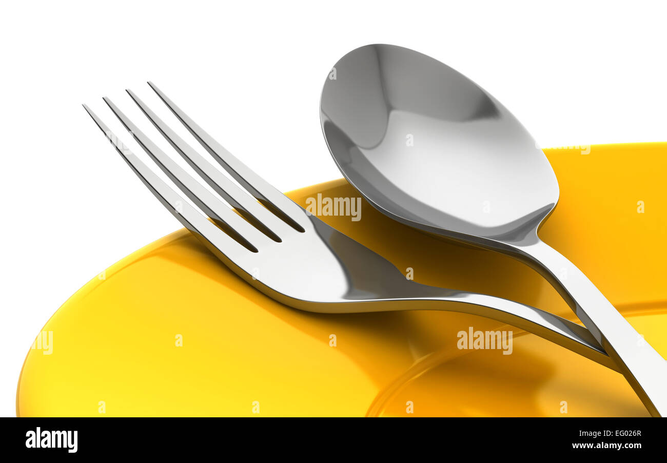 3D Render von Messer und Gabel in gelbe Platte isoliert Onwhite background Stockfoto