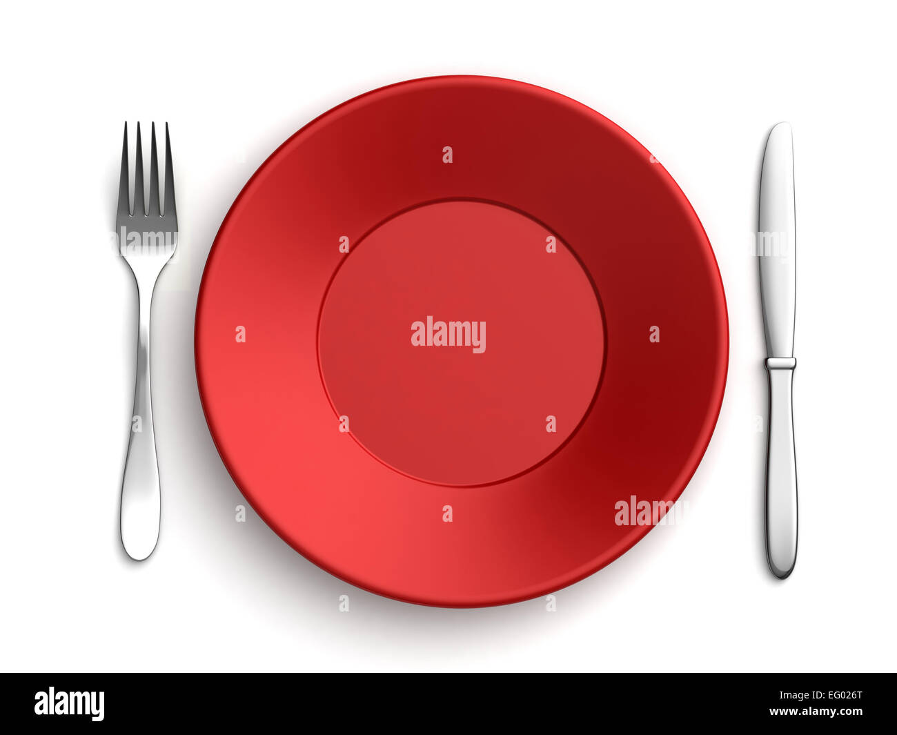 3D Render von Messer, Gabel und rote Platte auf weißem Hintergrund Stockfoto