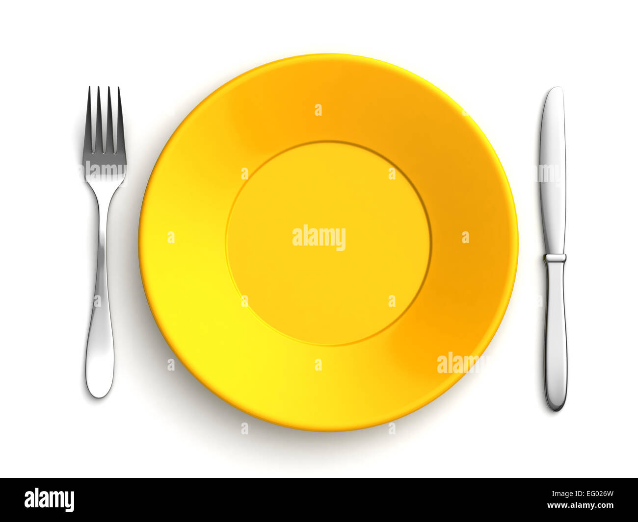 3D Render von Messer, Gabel und gelb Platte auf weißem Hintergrund Stockfoto