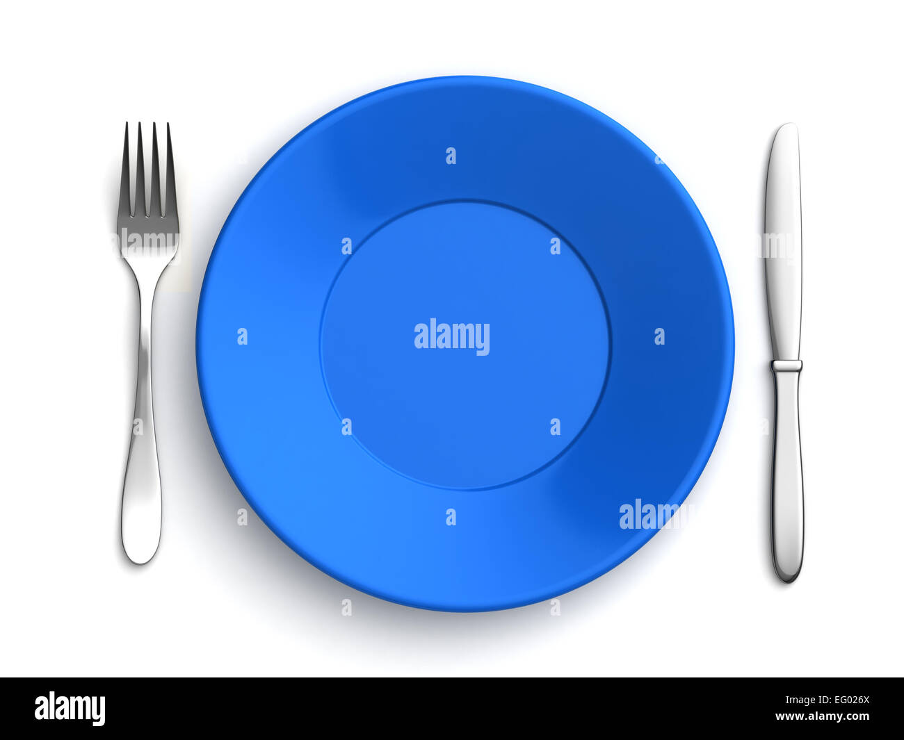 3D Render von Messer, Gabel und blauen Platte auf weißem Hintergrund Stockfoto