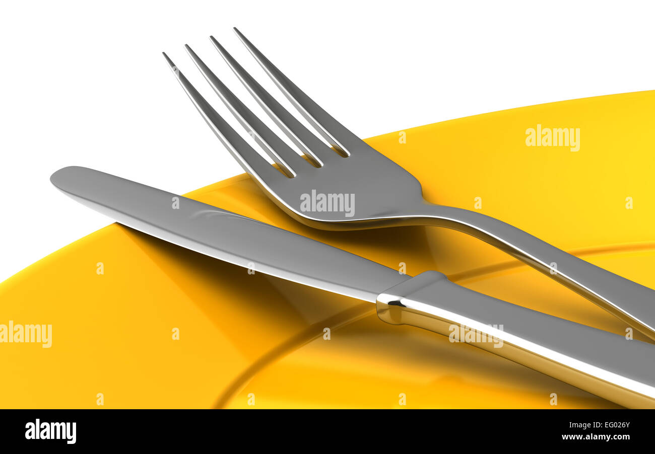 3D Render von Messer und Gabel in gelbe Platte isoliert auf weißem Hintergrund Stockfoto