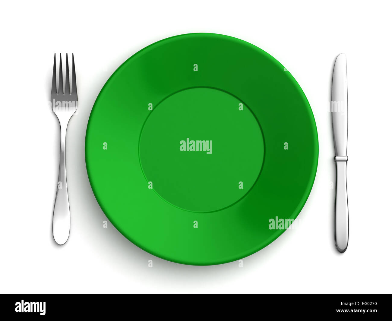 3D Render von Messer, Gabel und grünes Platte auf weißem Hintergrund Stockfoto