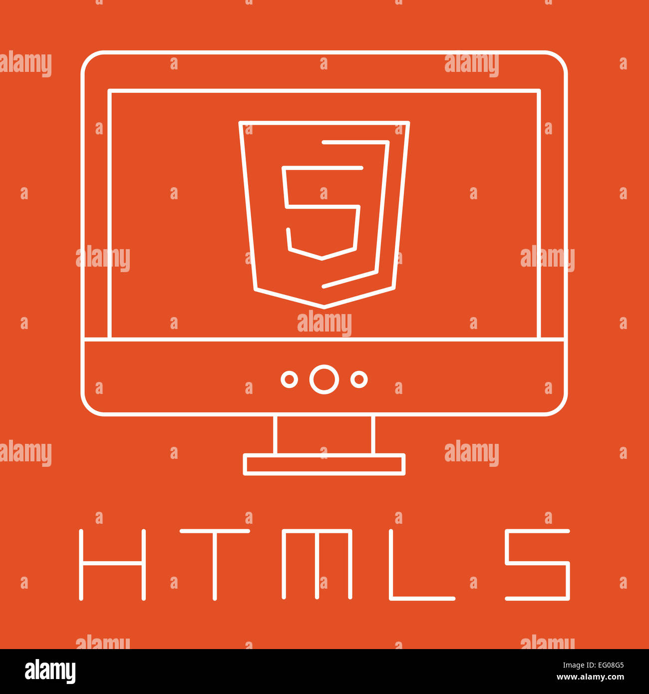 Linie gezeichnete einfache Darstellung der orangefarbenen Schild mit html 5 Zeichen auf dem Bildschirm, isolierten weißen Web Site-Entwicklung-Symbol Stockfoto