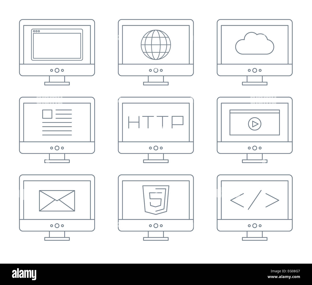 Internet-Icon-Set, einfache flache graue Linie Kontur Stockfoto