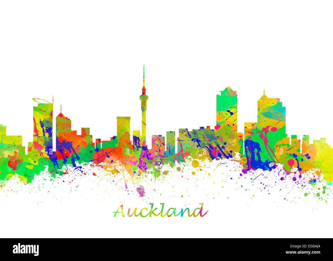 Aquarell Kunstdruck von der Skyline von Auckland New Zealand Stockfoto