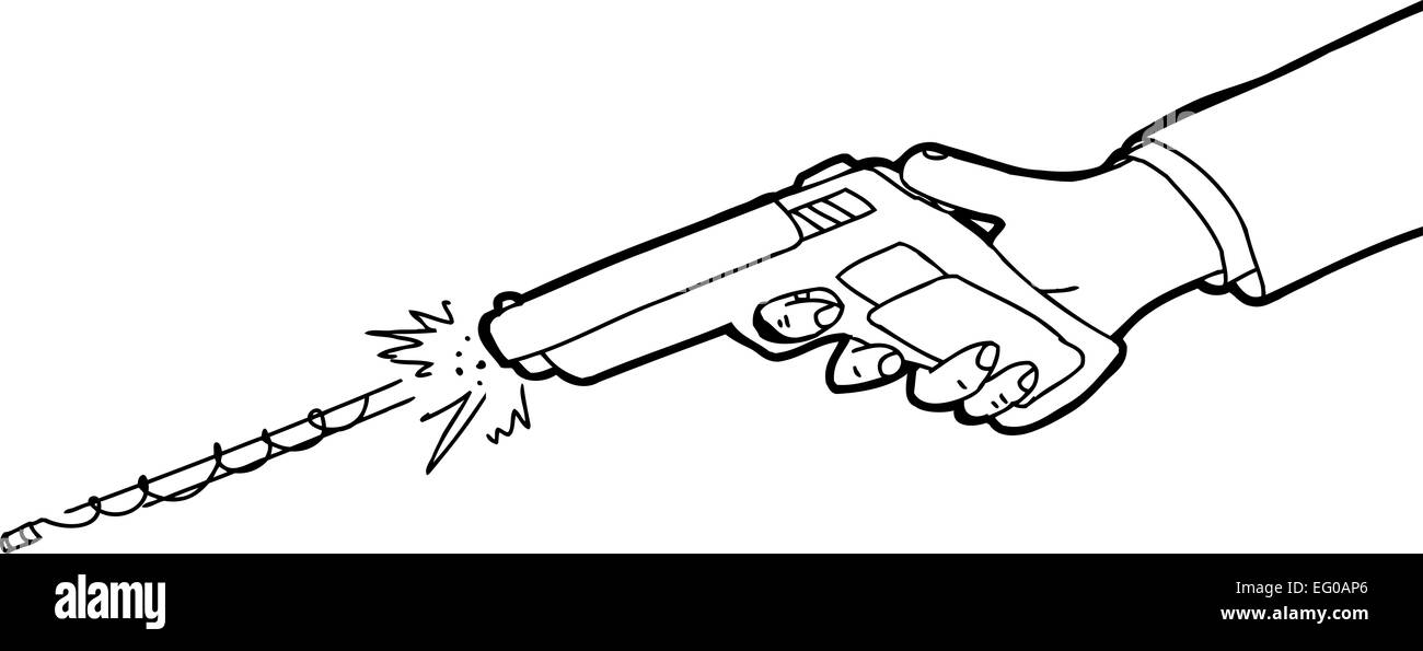 Karikatur von Hand Schießen Pistole auf weißem Hintergrund dargestellt Stockfoto