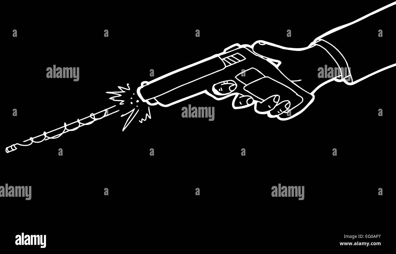 Karikatur von Hand Schießen Pistole auf schwarzem Hintergrund Stockfoto
