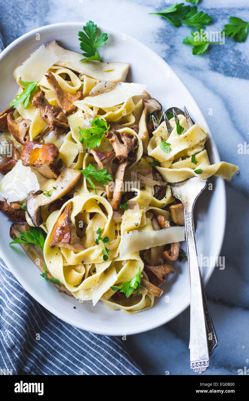 Pilz-Kraut-Nudeln Stockfoto