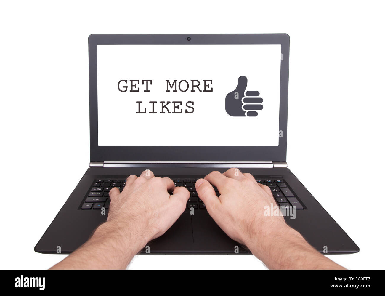 Mann auf Laptop zum Laufen bringen mehr Likes, isoliert Stockfoto