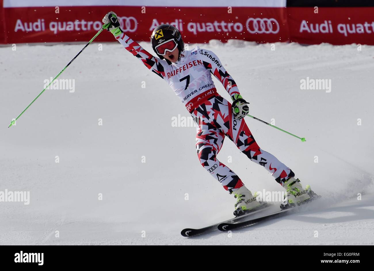 Zunächst reagiert Anna Fenninger Österreichs nach dem ersten Lauf des Damen Riesenslalom bei der alpinen Ski-Weltmeisterschaften in Vail - Beaver Creek, Colorado, USA, 12. Februar 2015. Die Weltmeisterschaften laufen von 02 Februar durch 15 Februar. Stockfoto