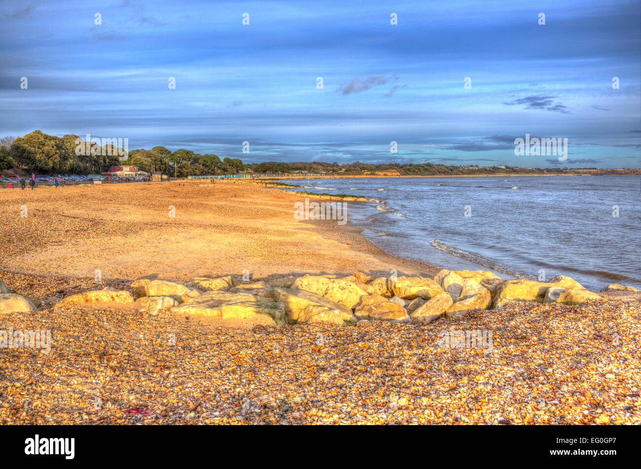 Mudeford Strand in der Nähe von Christchurch Dorset England UK Sand Kies und Küste Stockfoto