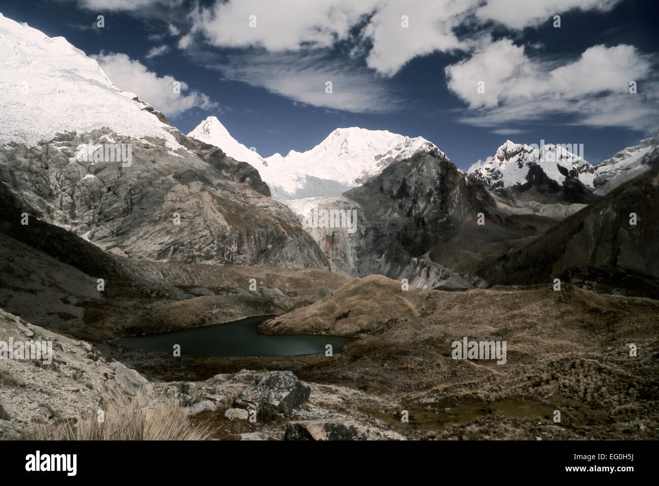 Atemberaubende Aussicht auf die höchsten Berggipfel in den peruanischen Anden, Cordillera Blanca Stockfoto