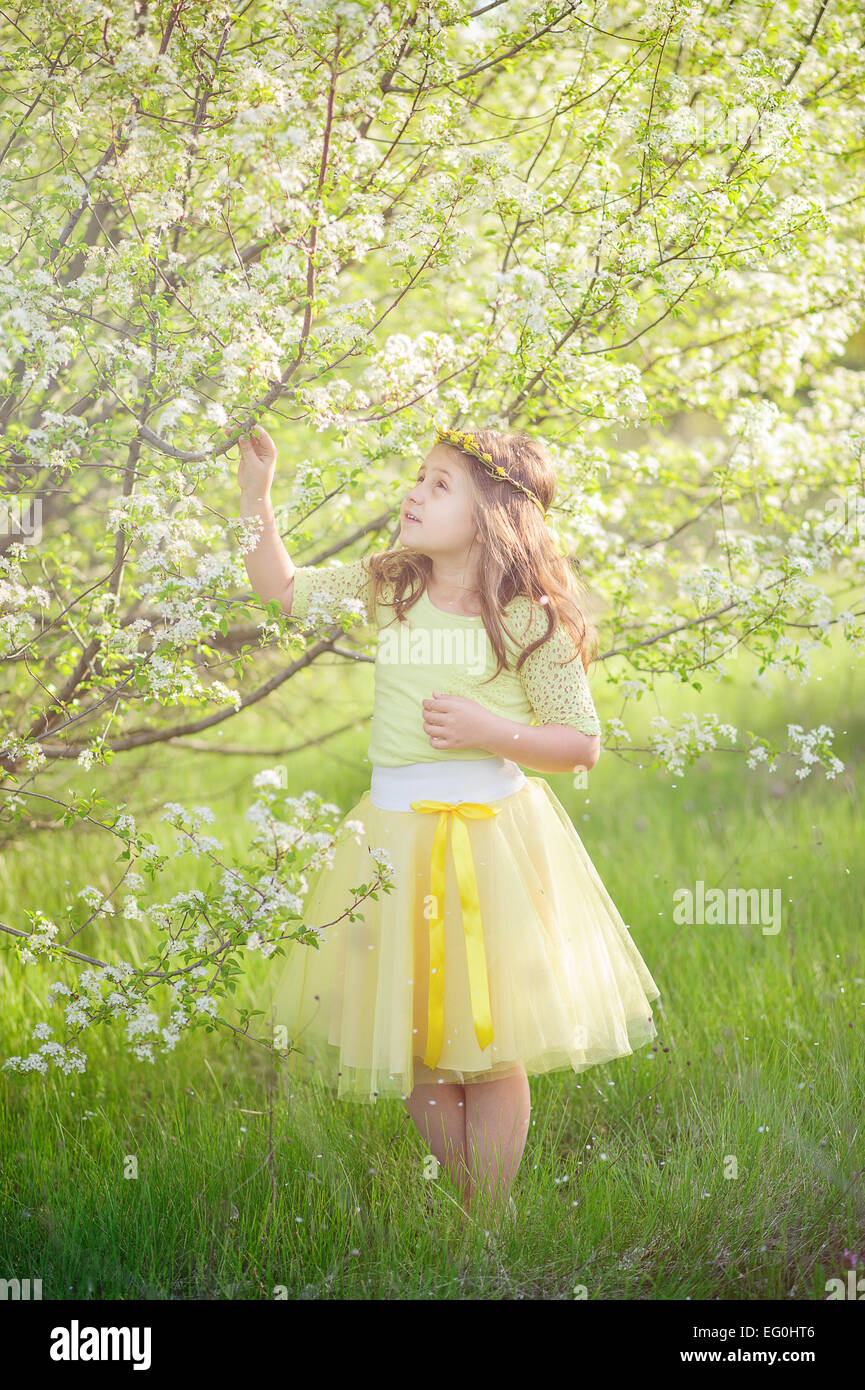 Kleines Mädchen (6-7) im blühenden Obstgarten Stockfoto