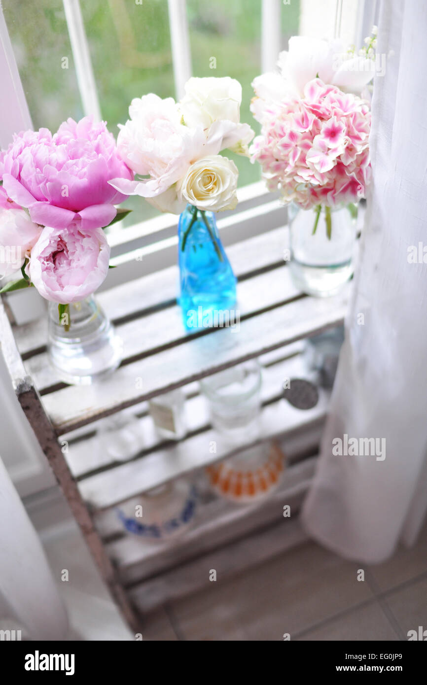 Erhöhte Ansicht von Blumen in Glasvasen auf Regal Stockfoto